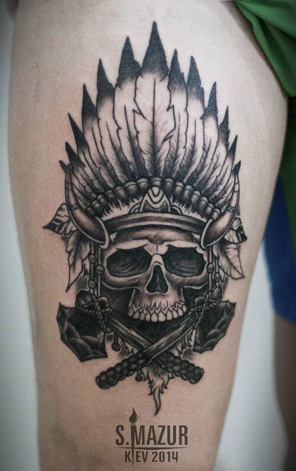 Awesome looking colored thigh tattoo of Indian skull with feather