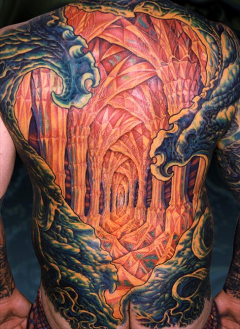Awesome looking colored whole back tattoo of diamond cave