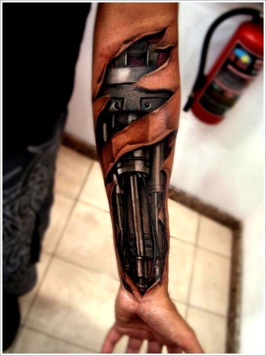 Awesome mechanical parts under skin rip forearm tattoo