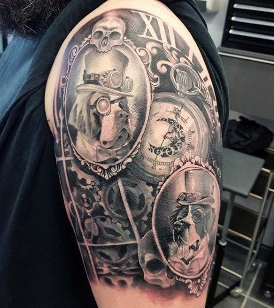 Awesome mechanical style big detailed shoulder tattoo with old clock and dog portraits