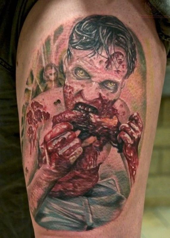 Awesome multicolored bloody eating zombie tattoo on shoulder