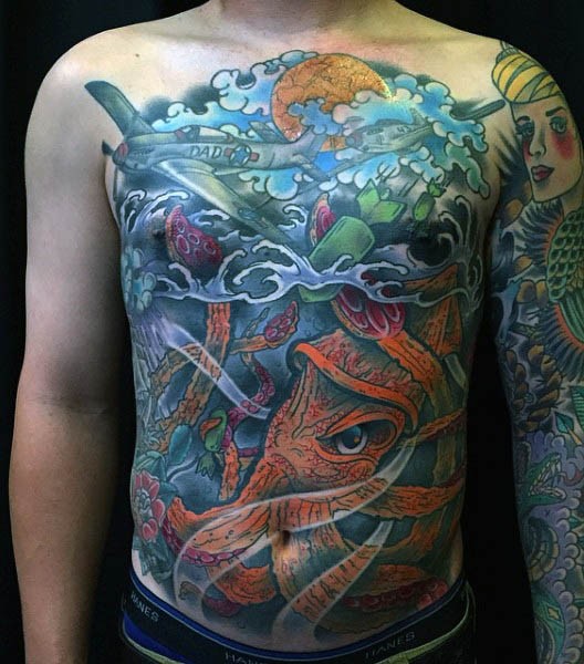Awesome multicolored unusual combined military tattoo on chest and belly