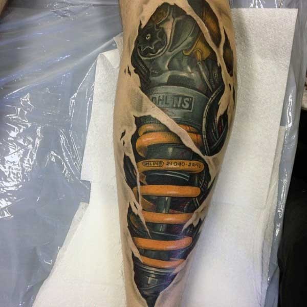 Awesome multicolored very realistic mechanism tattoo on leg