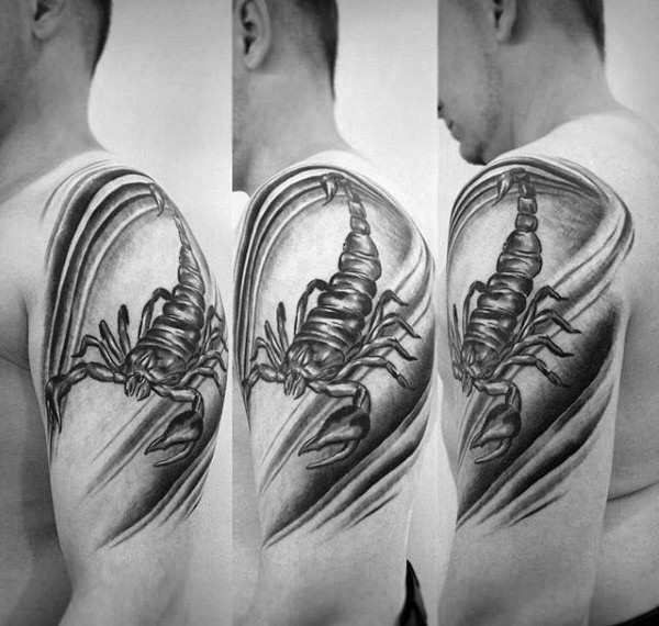 Awesome on shoulder black and white detailed scorpion tattoo
