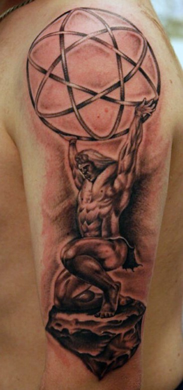Awesome painted and detailed big mystical statue shoulder zone tattoo
