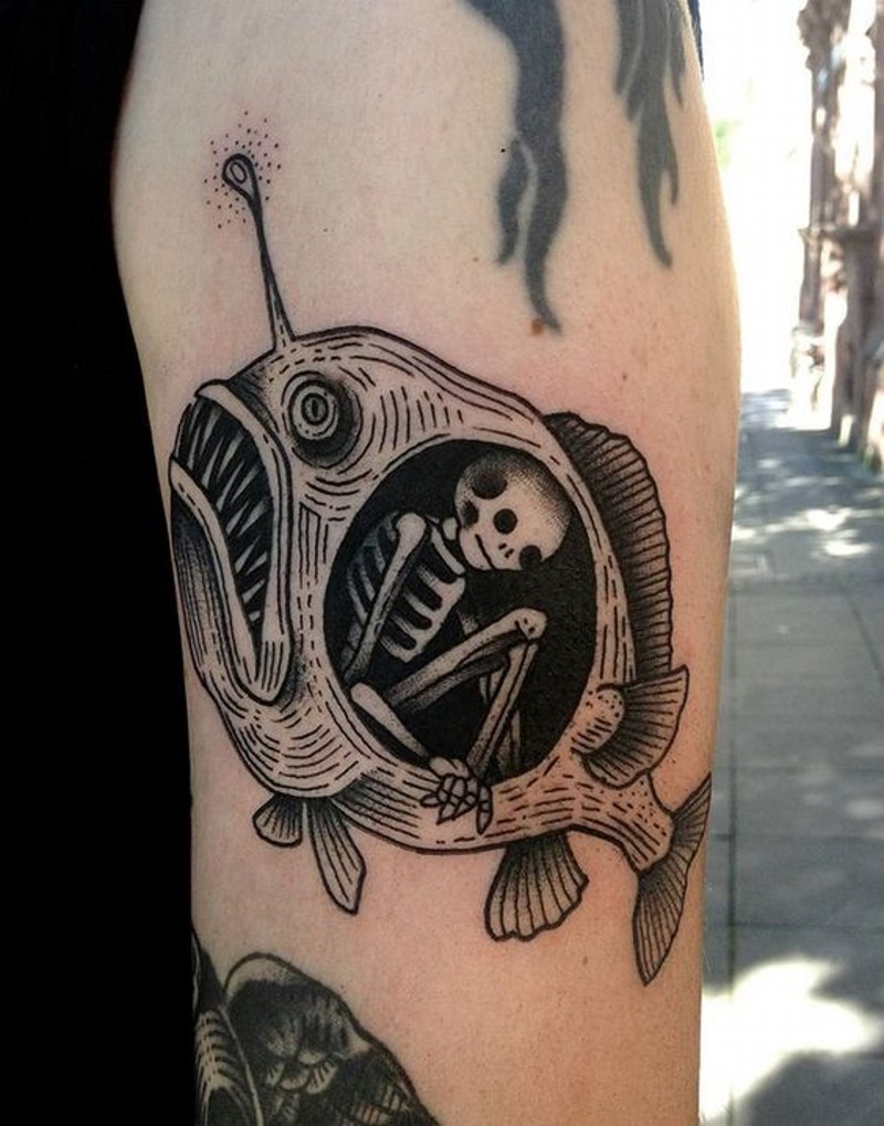 Awesome painted big black ink fish with skeleton tattoo on
