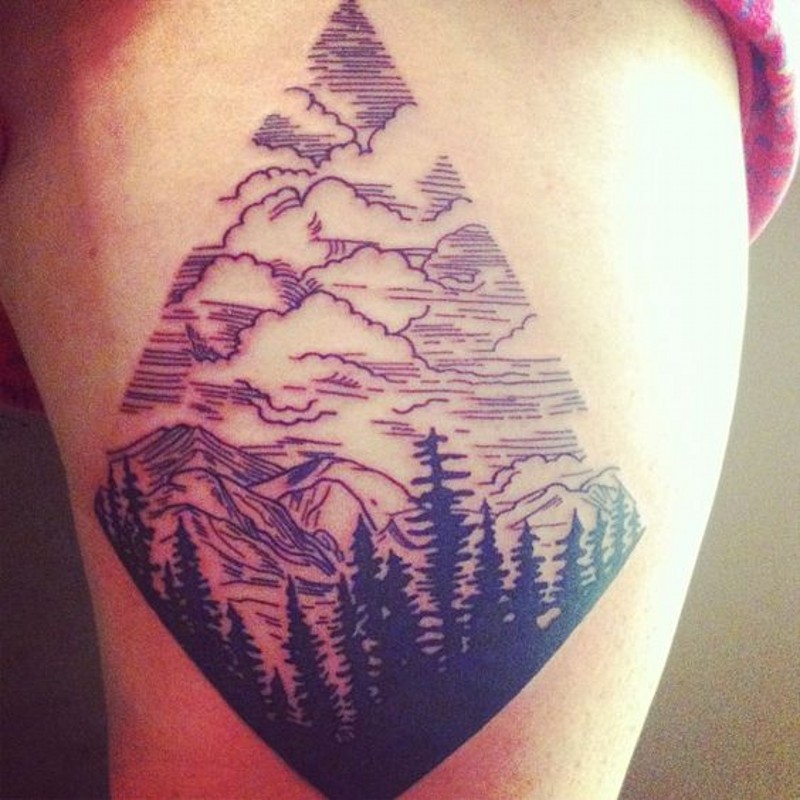 Awesome painted big black ink mountain forest tattoo on thigh