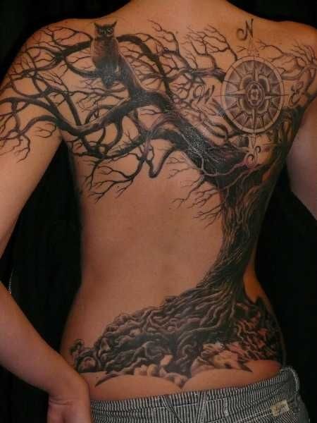 Awesome painted big lonely mystical tree with owl tattoo on whole back
