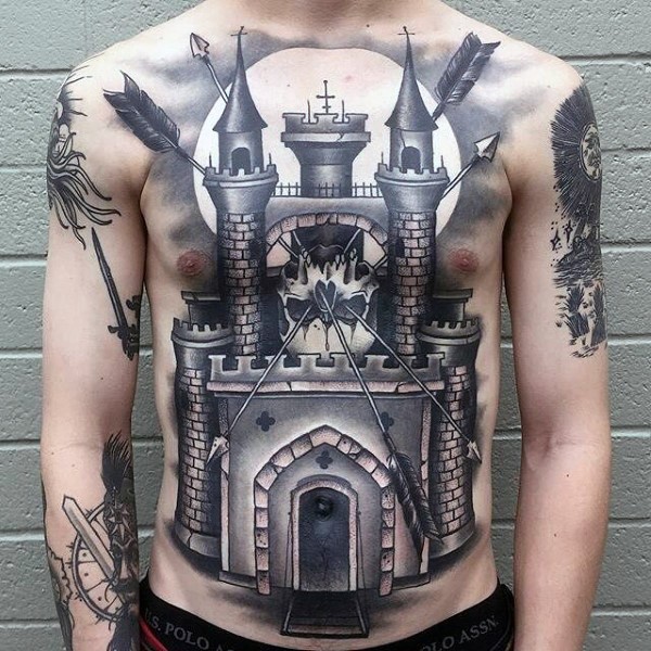 Awesome painted black and white big castle with skull and arrows tattoo on chest and belly