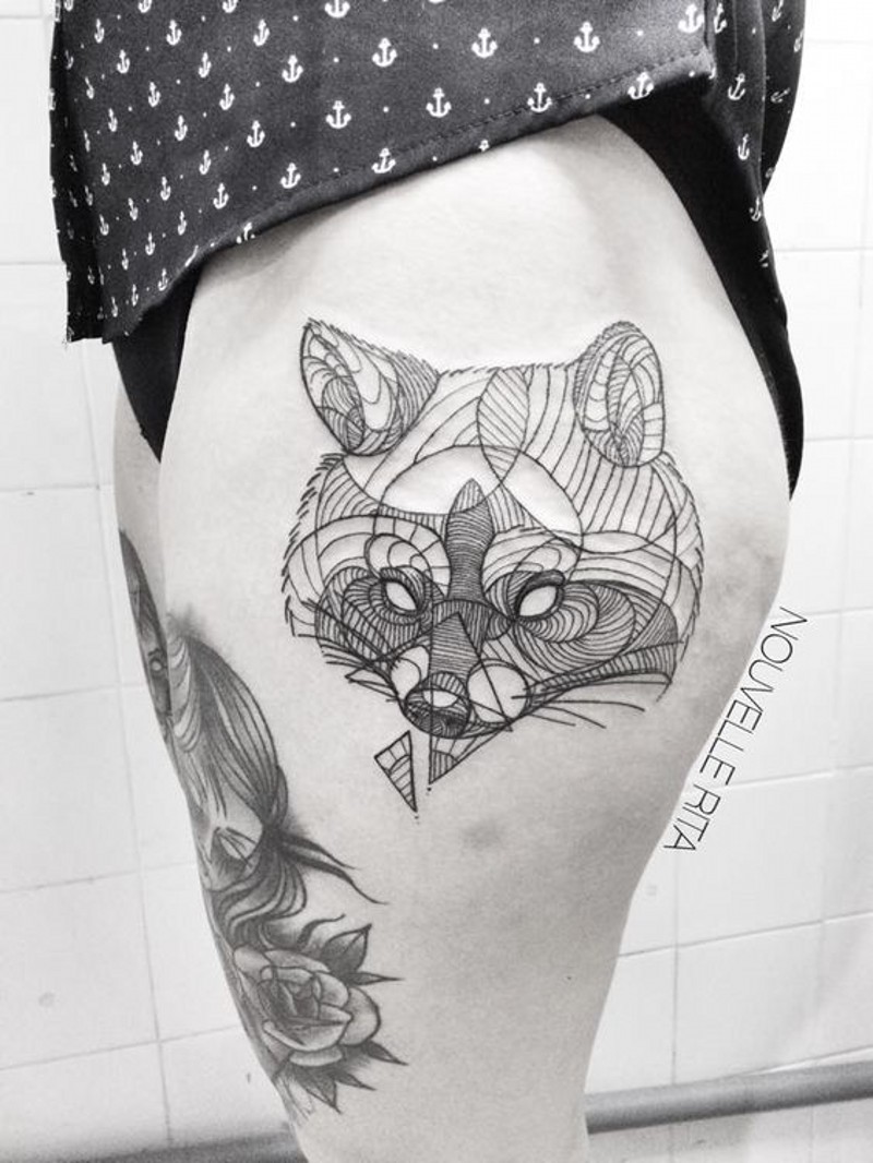 Awesome painted black ink mystical fox tattoo on thigh
