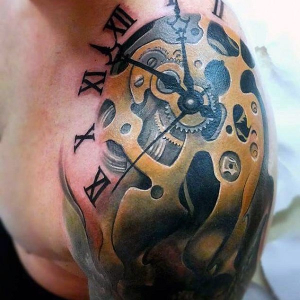 Awesome painted colored mechanical clock tattoo on shoulder