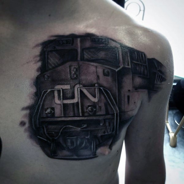 Awesome painted detailed modern train tattoo on chest