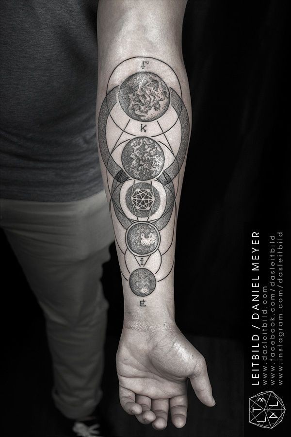 Awesome planets and geometrical symbols dotwork forearm tattoo by daniel meyer