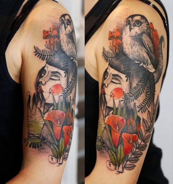Impresionante tatuaje psicodélico brazo superior de geisha con búho
