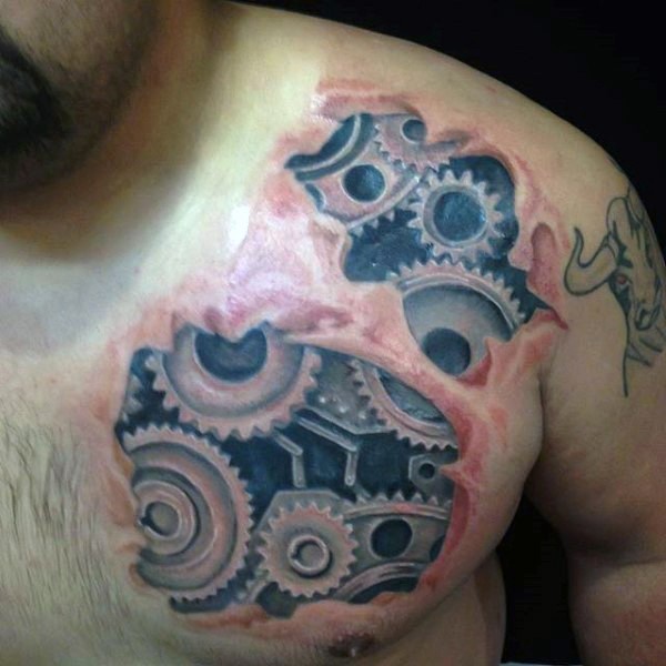Awesome realistic biomechanical mechanisms colored tattoo on chest in torn ripped skin
