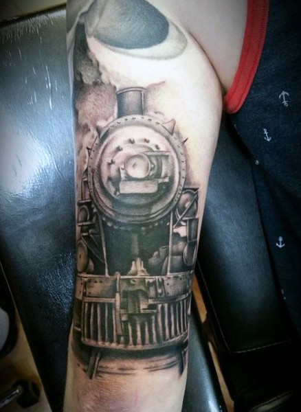 Awesome realistic looking black ink old train tattoo on arm