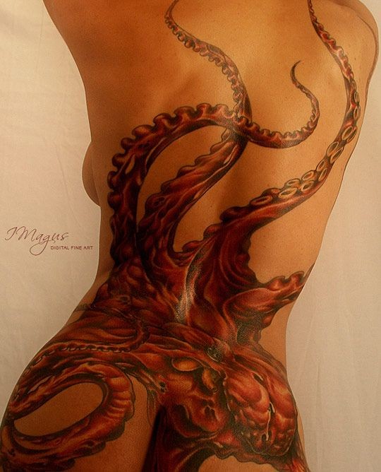 Awesome red octopus tattoo on back for women