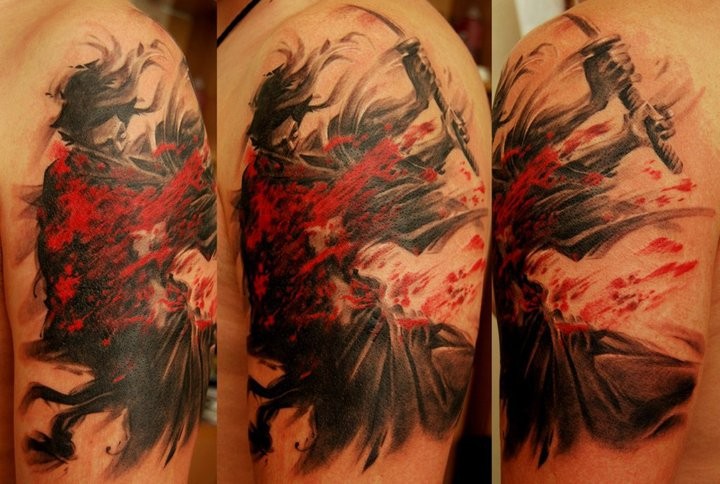 Awesome samurai during battle tattoo on half sleeve by Dmitriy Samohin