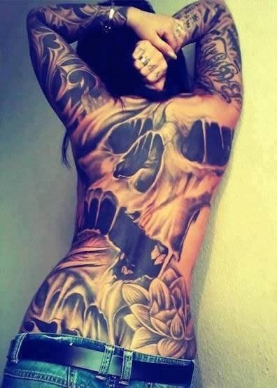 Awesome skull tattoo on whole back for girls