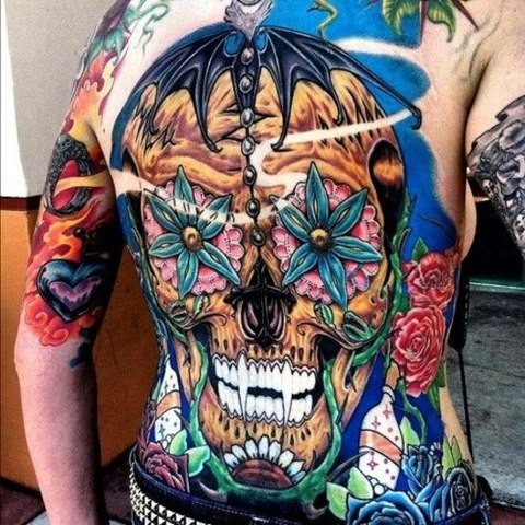 Awesome sugar skull tattoo on whole back