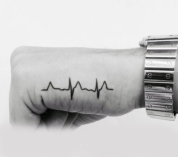 Awesome tiny black ink pulse monitor like tattoo on hand