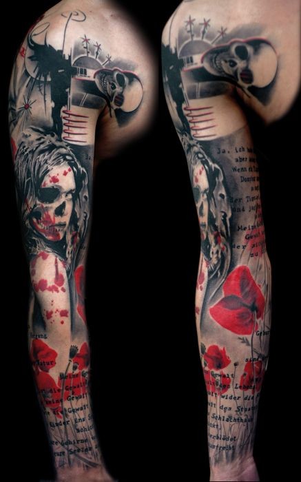 Awesome trash polka tattoo on arm