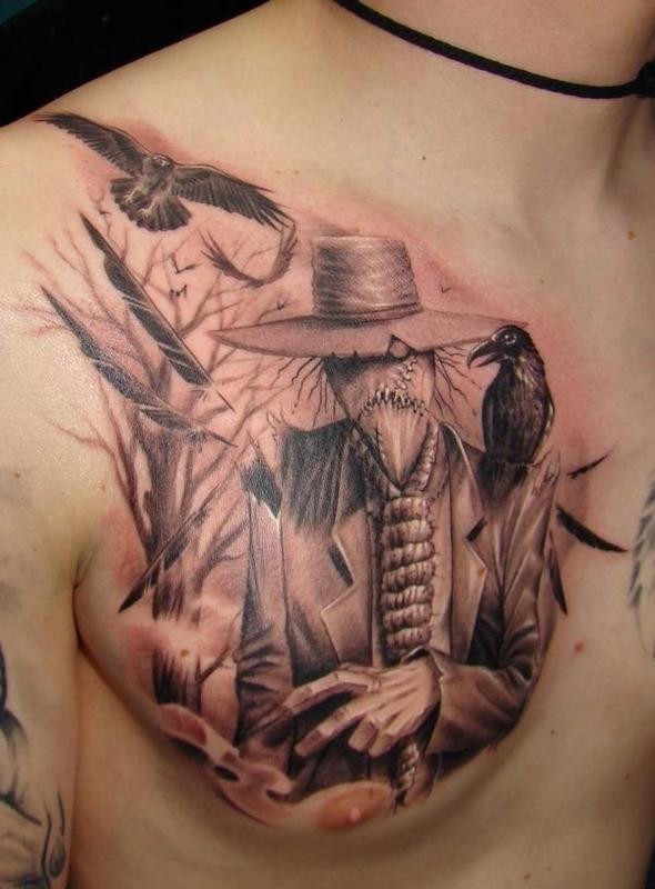 Awesome Very Detailed Black Ink 3d Like Scarecrow With Crows Tattoo On Chest Tattooimages