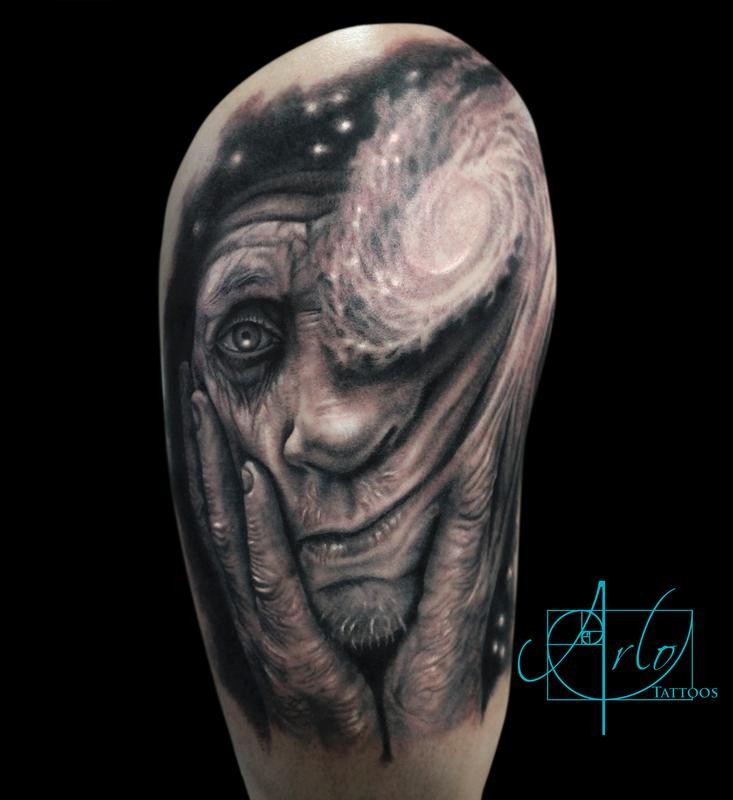 Awesome very detailed black ink sad old woman portrait on shoulder stylized with space galaxy
