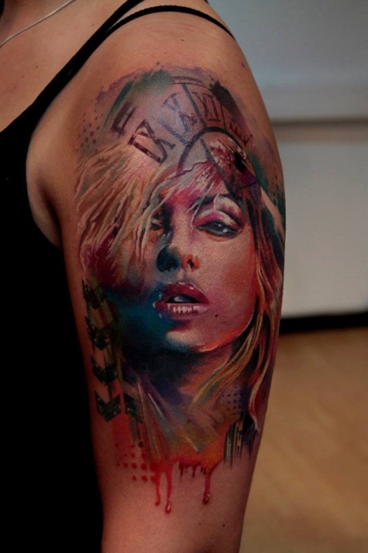 Awesome very detailed colored shoulder tattoo of bloody woman portrait