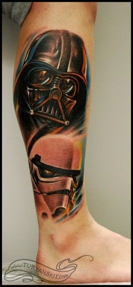 Awesome very detailed colored Star Wars themed leg tattoo of Darth Vader and storm trooper
