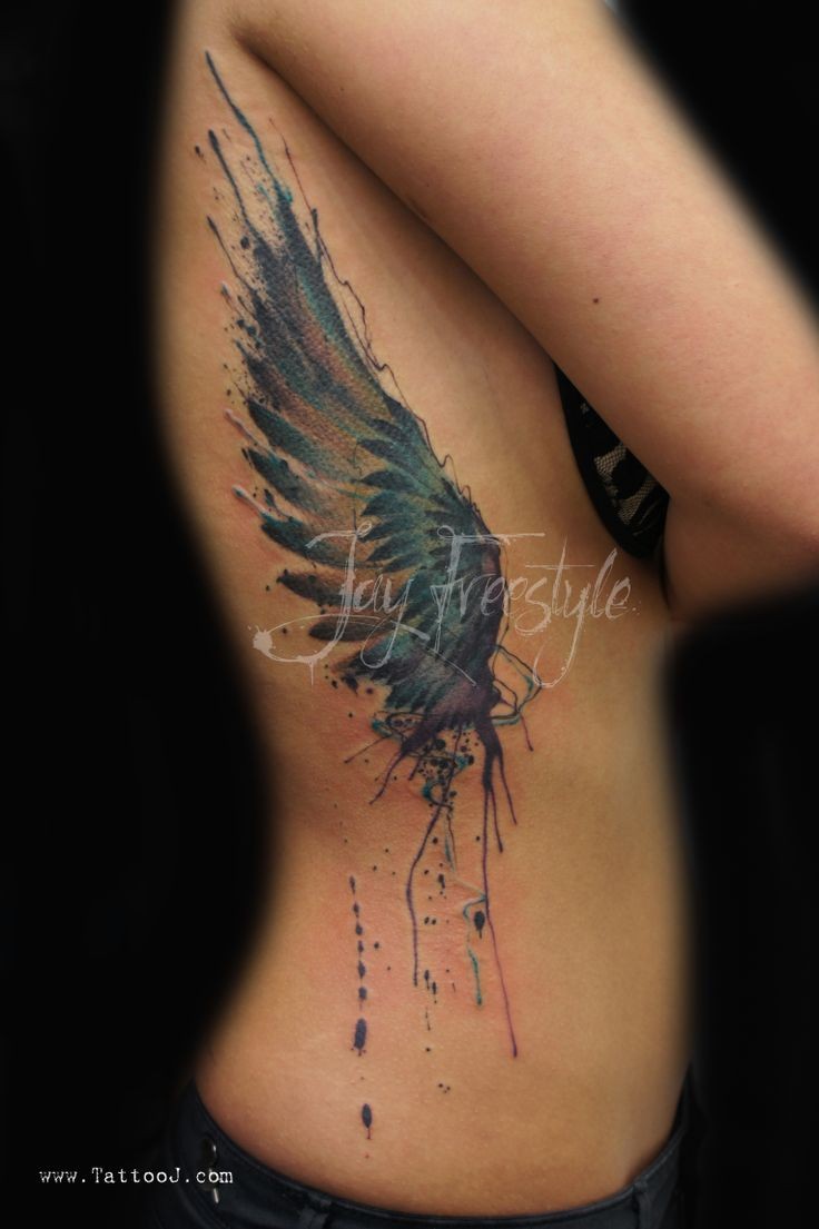 Awesome watercolor one wing tattoo by Jay Freestyle