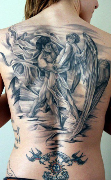 Awesome wrestling angel and a demon tattoo on whole back
