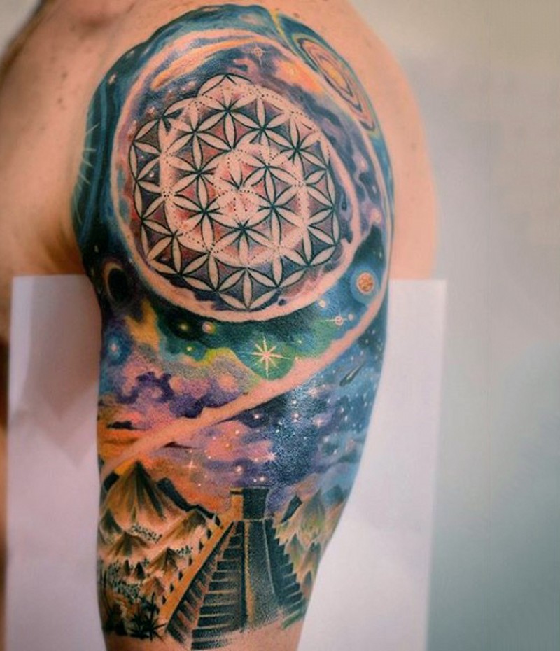 Aztec themed colored spacehalf sleeve tattoo