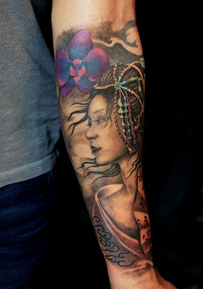 Beautiful Asian Geisha with nice hairdo and violet flower detailed colored forearm tattoo