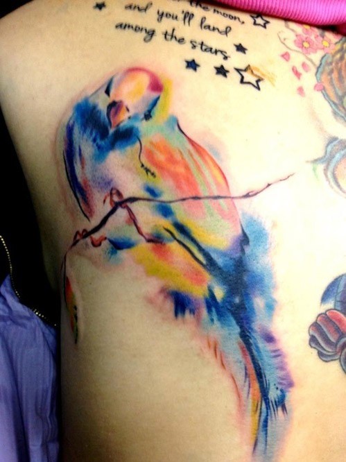 Tatuaje en el costado, pájaro multicolor