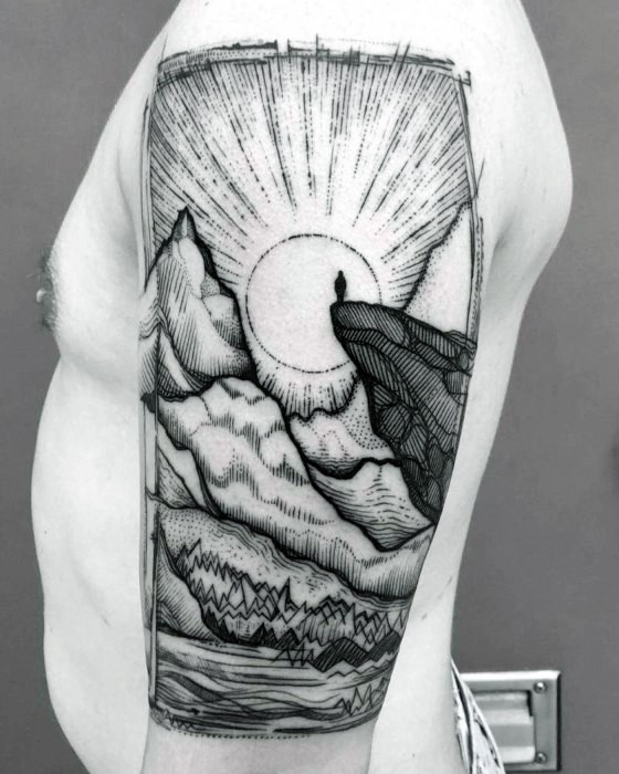 Beautiful black ink large engraving style shoulder tattoo of countryside