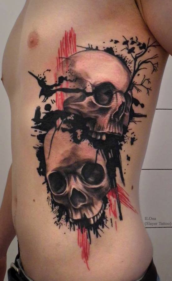 Beautiful black skulls with tree and birds tattoo on ribs by ILOna