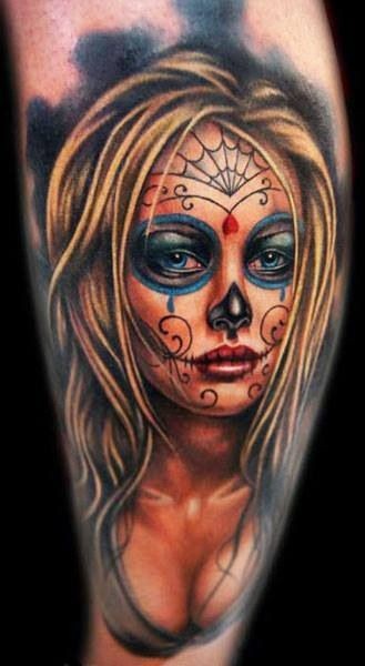 Beautiful blonde santa muerte girl tattoo