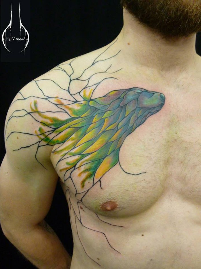 Beautiful colored chest tattoo of fantasy animal