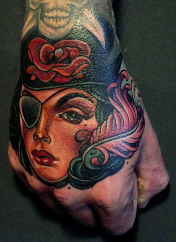 Beautiful colored lady pirate face tattoo