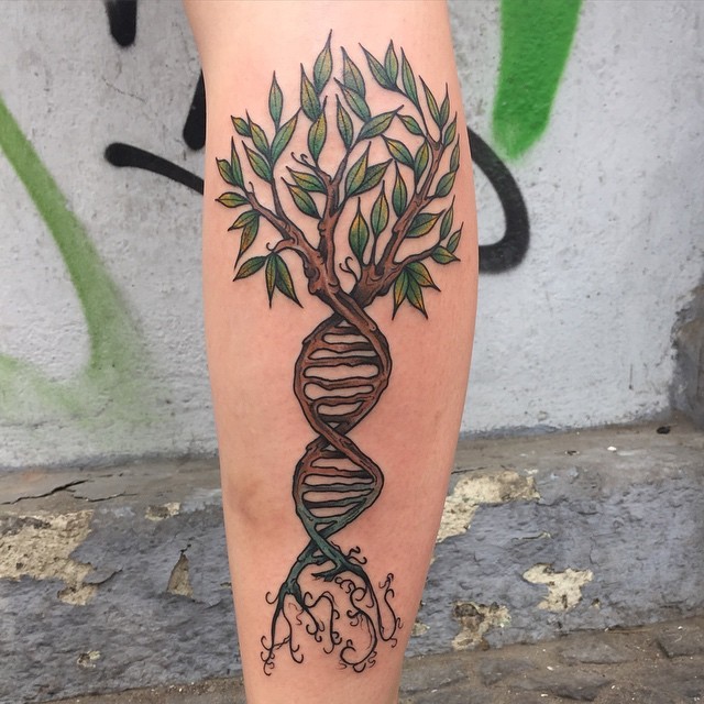 Beautiful colored leg tattoo of DNA shaped tree