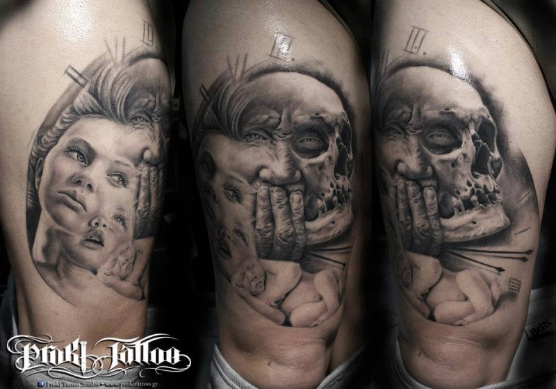 Beautiful colored thigh tattoo of human faces with clock and skull