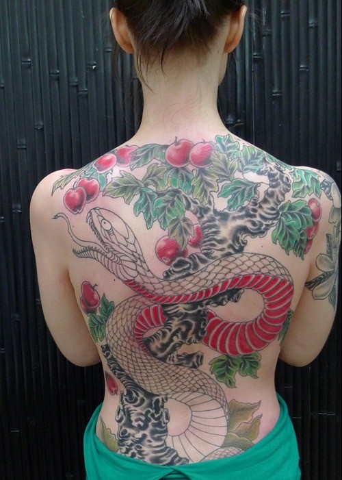 Beautiful colorful large snake tattoo on back for women