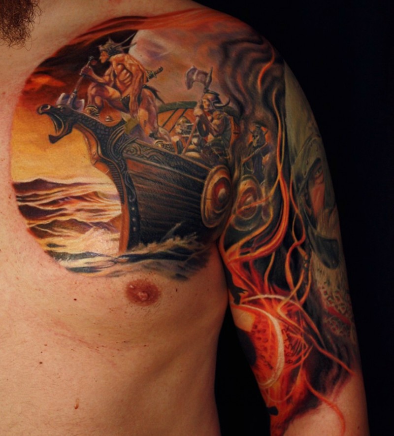 Beautiful colorful vikings on boat tattoo on shoulder