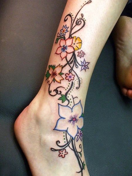 Beautiful coloured flowers ankle tattoo