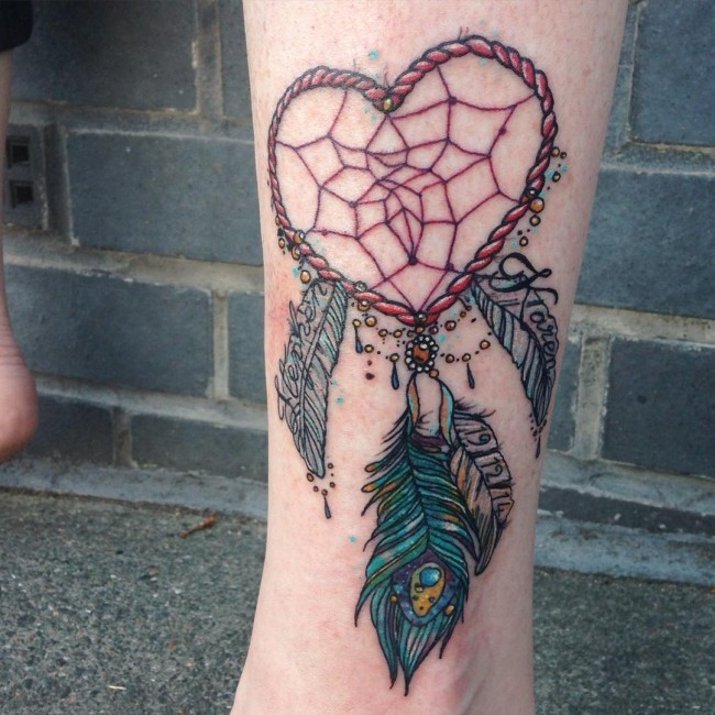 Beautiful heart shaped colored dream catcher tattoo on ankle