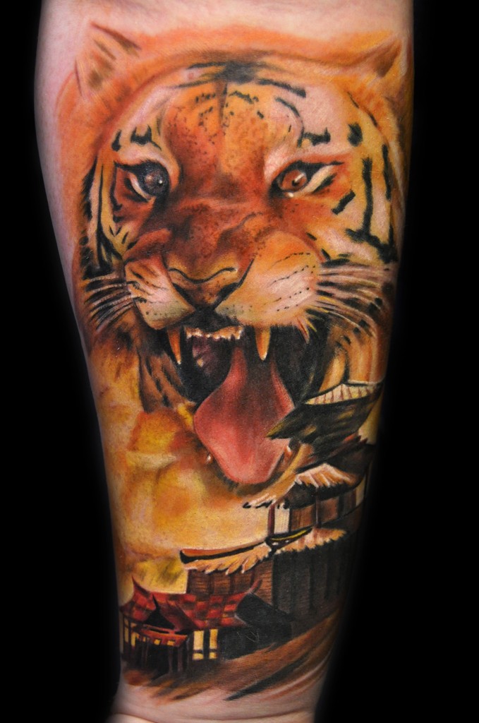 Beautiful illustrative style tattoo of roaring tiger and Asian city