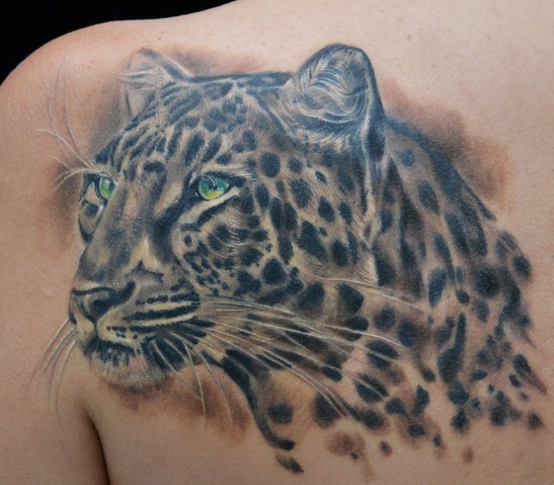 Beautiful jaguar tattoo on shoulder blade
