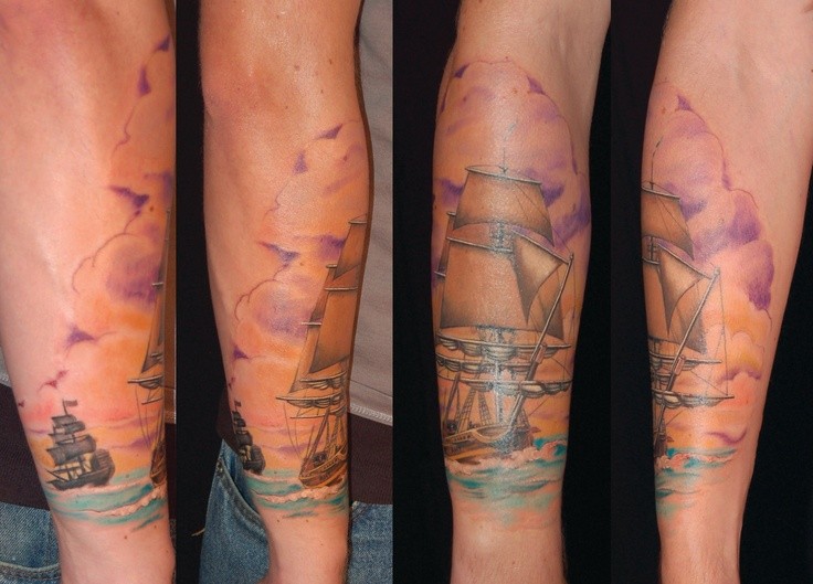 Beautiful looking colored arm tattoo of medieval sailing ship