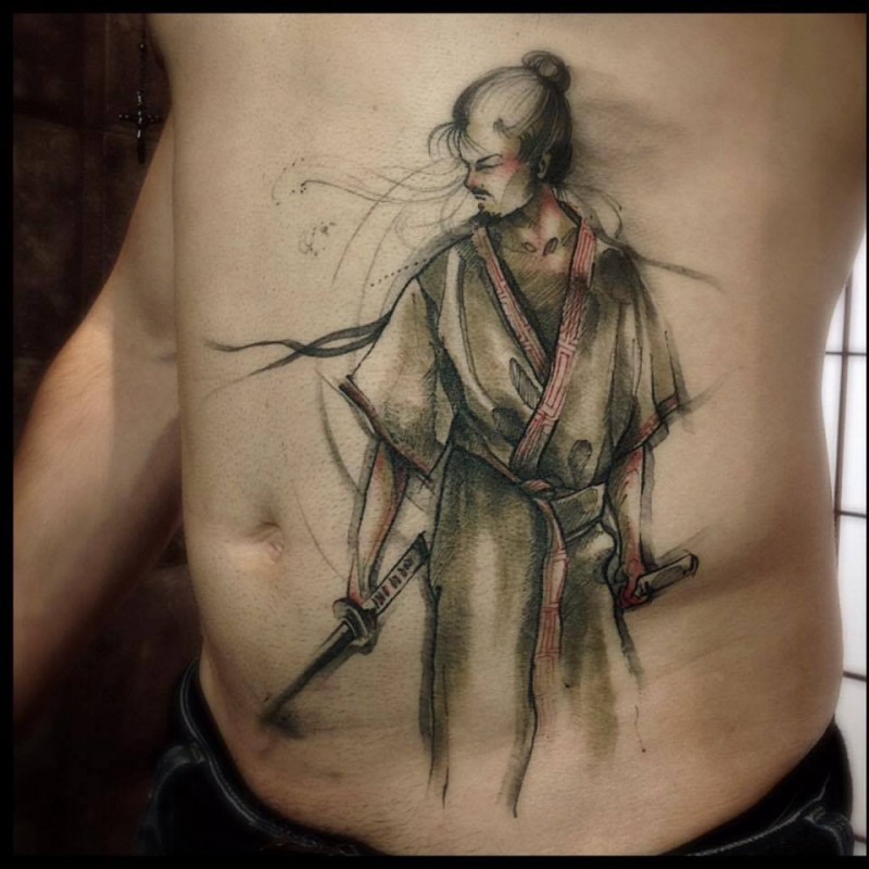Beautiful looking colored belly tattoo of samurai warrior